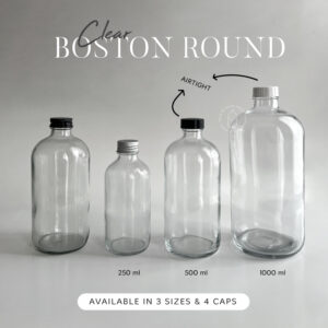 Botol kaca clear boston round 250ml, 500ml dan 1000ml
