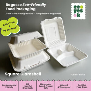 Eco Yes Ok Bagasse Lunch Box Bento Box Square Clamshell Takeaway Box
